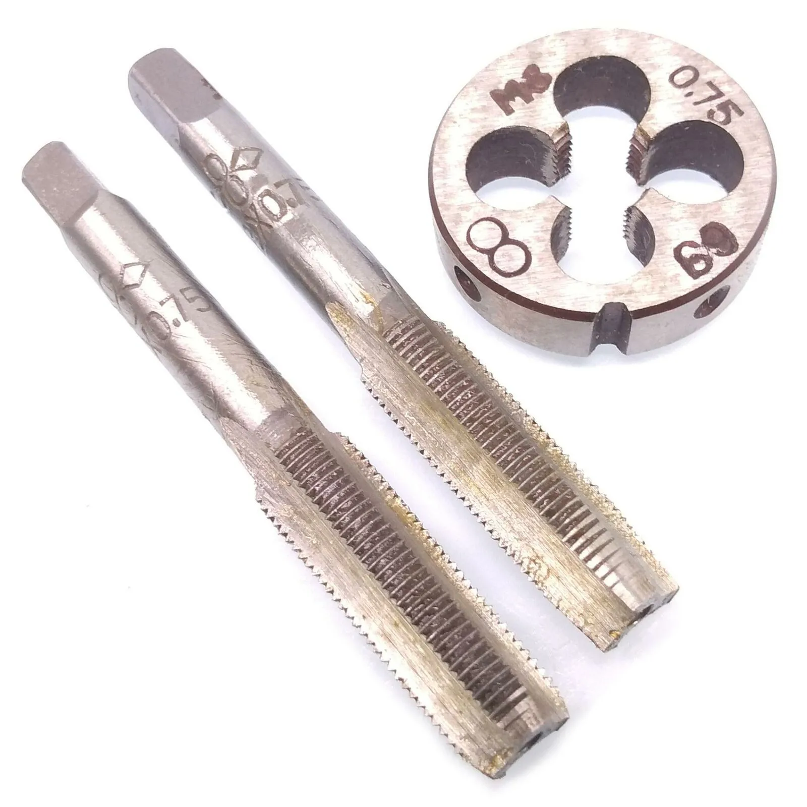 Tap & Die Set HSS M8x0.75mm Taper & PlugTap & M8 X 0.75mm Die Metric Thread Right Hand HSS Screw Tap Drill Bit Set Hand Tools