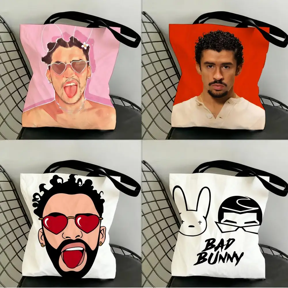 Bad B-Bunny RAPPER SINGER Aufbewahrungstaschen Einkaufstasche Canvas Supermarkt-Einkaufstasche Weihnachtsparty-Tragetasche Damenhandtasche