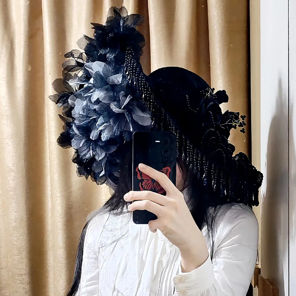 Steampunk Handmade Lace Vintage Bandage Bow Wizard Hat Adult Gothic Lolita Cosplay Costume Halloween Party Bucket hat