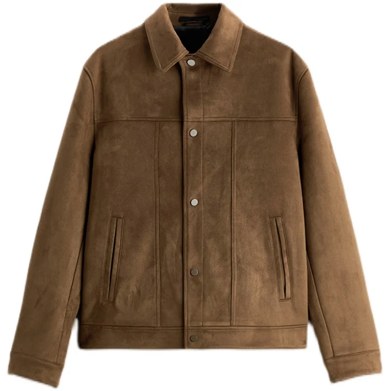 

Men's Simple Collar Jaet Outerwear Fake Suede Spring Faion Youth ular Long Sve Stand Fit Outerwear for Spring