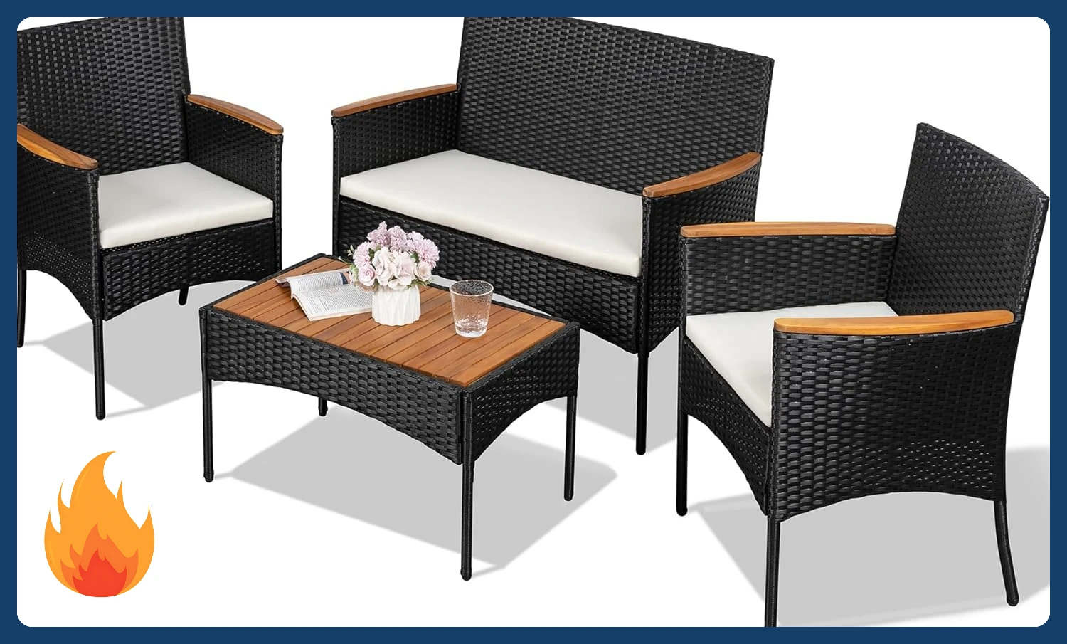 [وصول جديد! ] مجموعة أثاث الفناء المكونة من 4 قطع، مجموعة أثاث محادثة للفناء الخارجي مع وسائد وسطح طاولة خشبي لـ