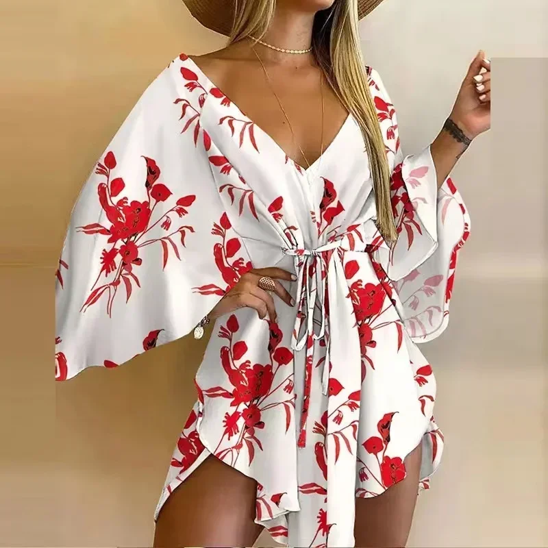 Vestido feminino elegante com cordões com decote em v com estampa floral, vestido de festa feminino, mangas largas casuais, vestidos de praia sexy, novo, verão