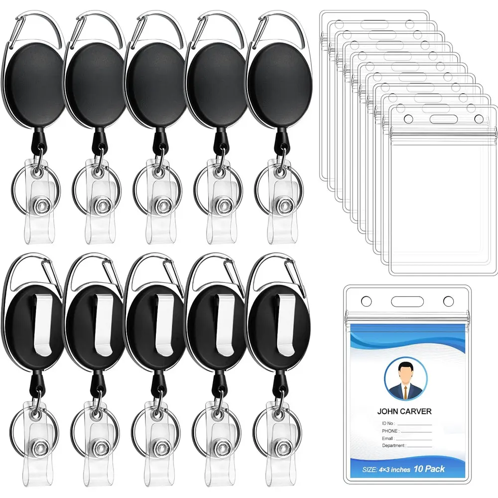 10-piece set of vertical transparent card holders with retractable carabiner, waterproof, suitable for name tag keychains.