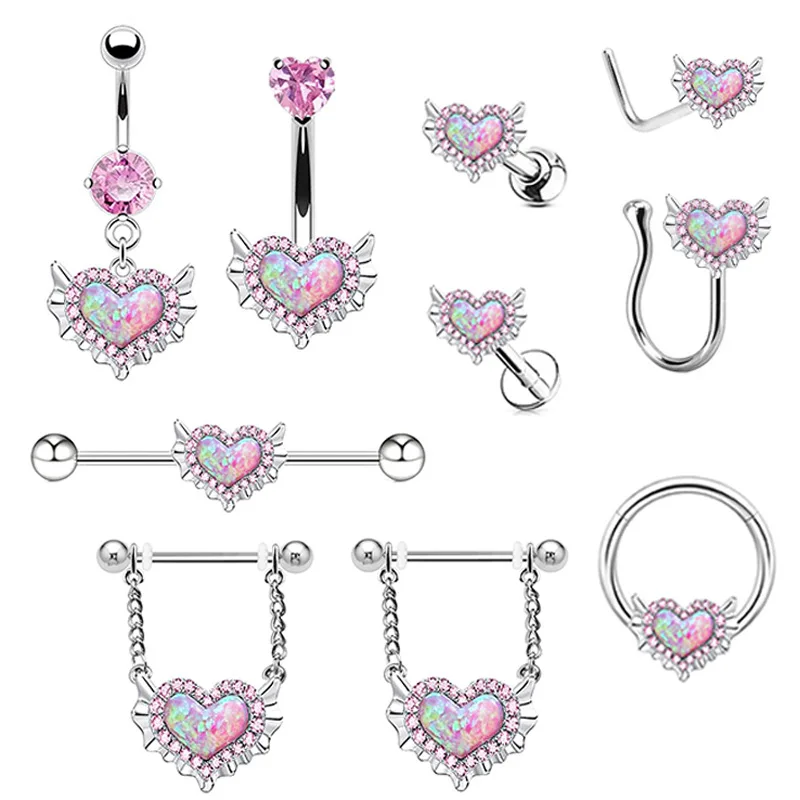 Pink Navel Belly Button Rings Women Opal Heart Nose Clip Lip Labret Piercing Helix Screw Earring Stud Cartilage Conch Piercing