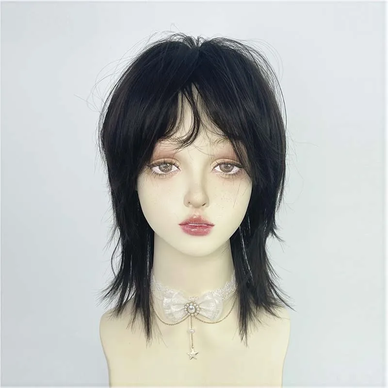 Synthetic Mullet Head Wig Short Straight Black-brown Fluffy Wolf Tail Hair  for Men and Women Wig Daily Party Cosplay Fake Hair