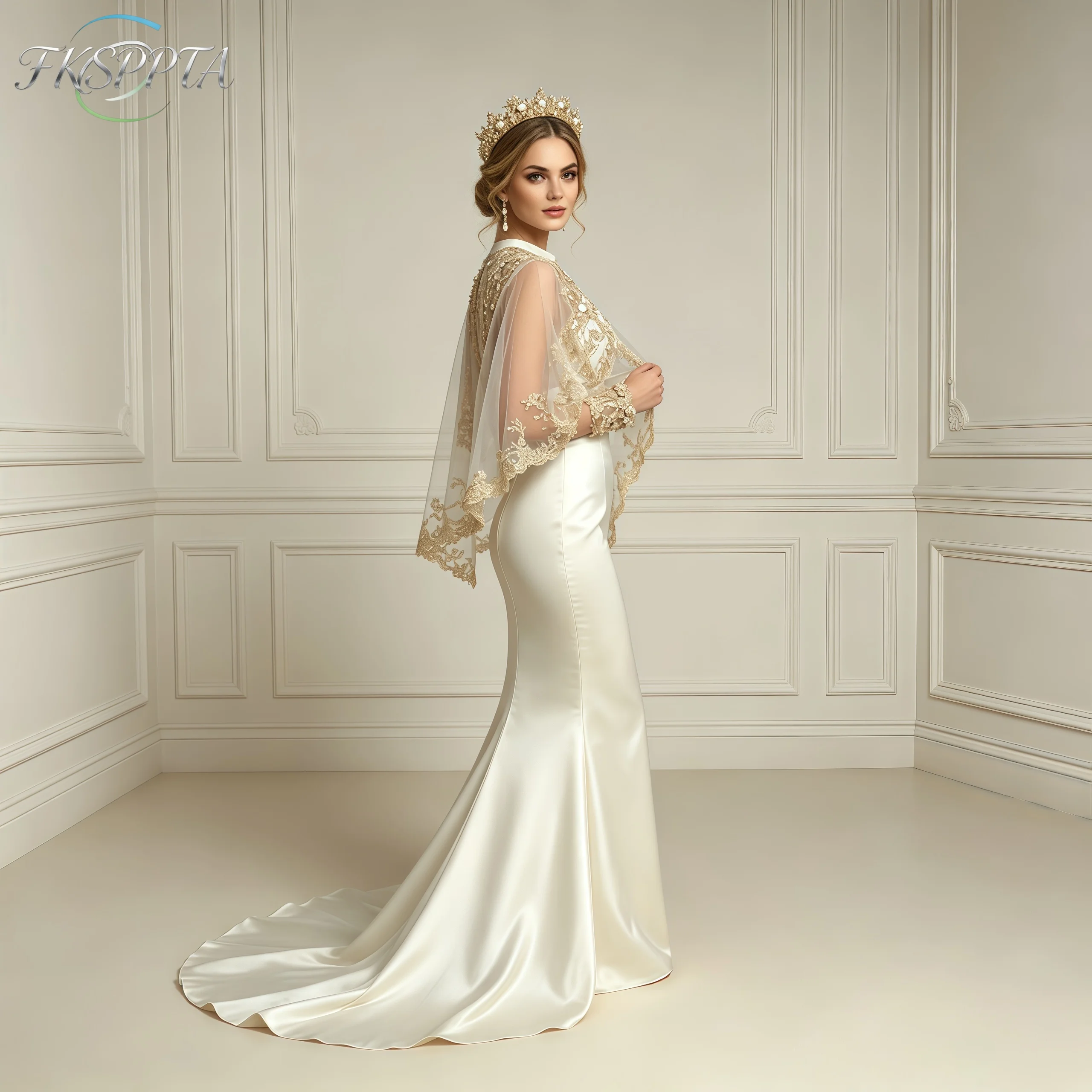 Long Mermaid Satin Wedding Dress Gold Lace Cape Sleeve Corset Back Elegant Bridal Gowns For Wedding Custom Made Vestido De Noiva