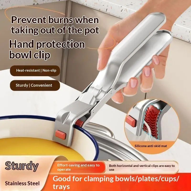 Stainless Steel Bowl Gripper Anti Scald Labor Saving One Hand Operated Kitchen Utensil for Camping Picnic Hot Pot Serving