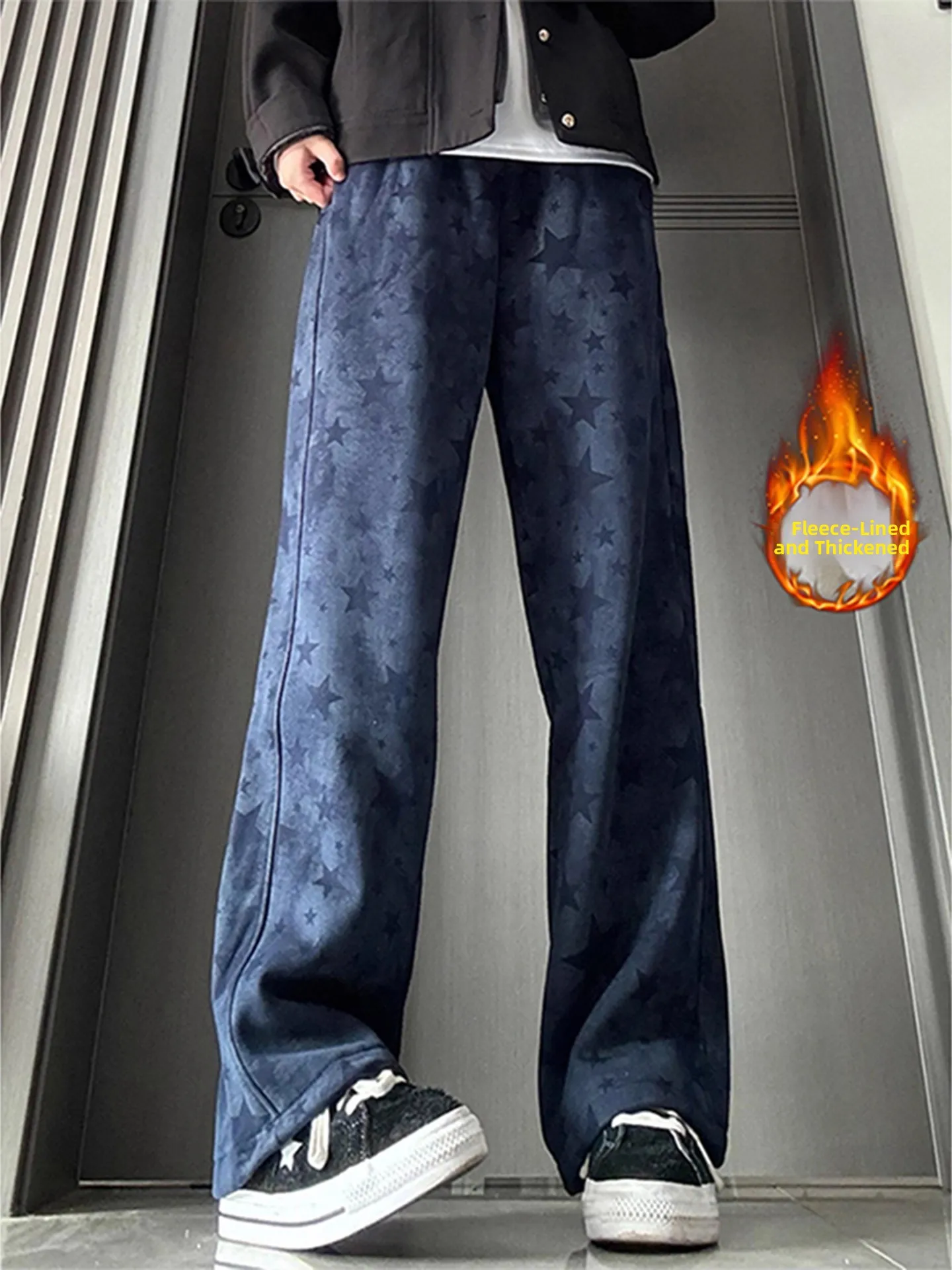 

Men's Straight Leg Fce Lined Thiened American Dyeing Star Print Casual Pants Autumn Winter Cargo Trousers Youth Faion