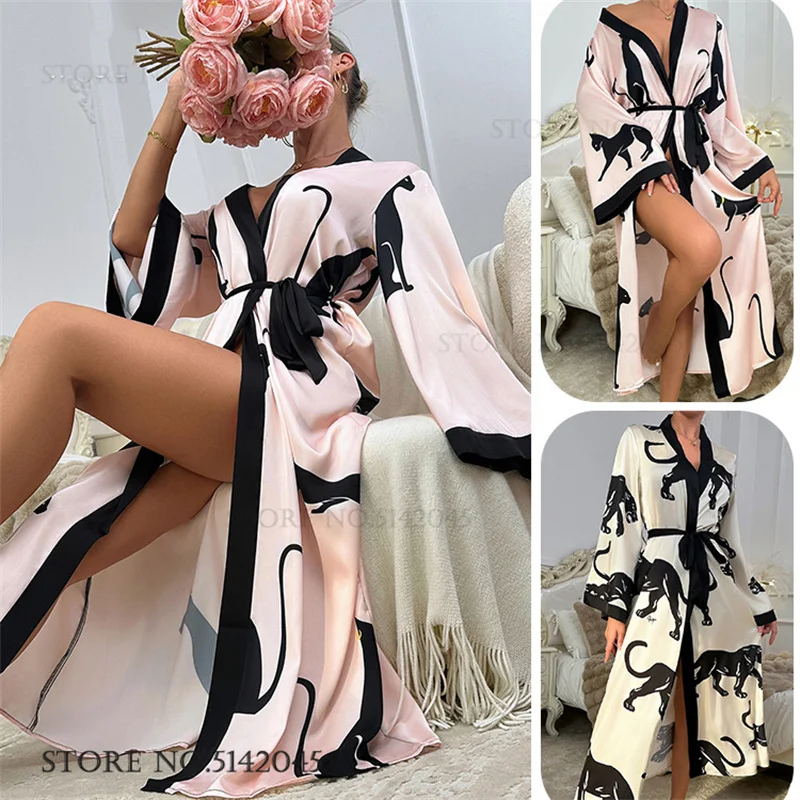 Women Silk Satin Long Robe Loungewear Print Cartoon Leopard Cat Kimono Bathrobe Gown Loose Casual Sleepwear Home Dress Nightgown image 2