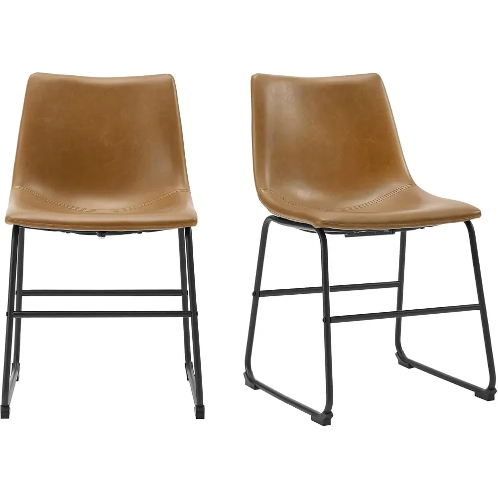 Douglas Urban Industrial Faux Leather Armless Dining Chairs, Set of 2, Whiskey Brown