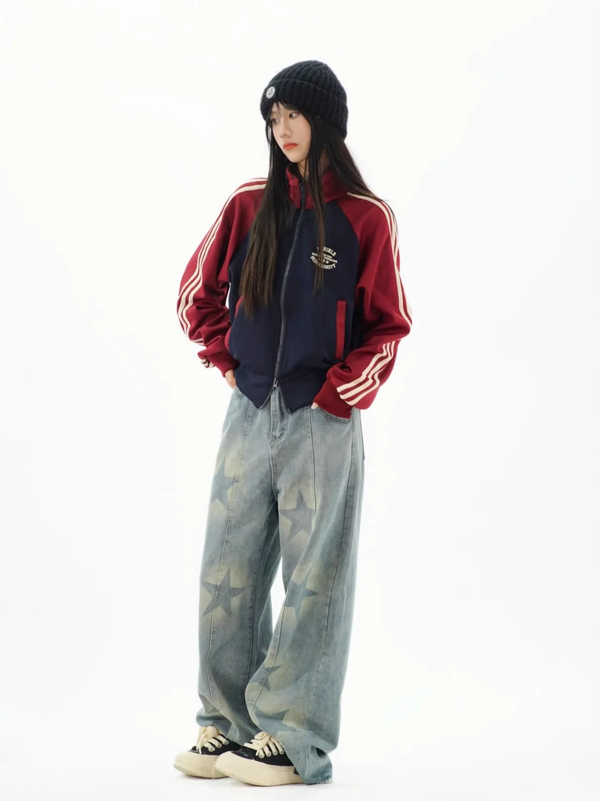 เสื้อคลุมคาร์ดิแกนสไตล์เรโทรอเมริกันสำหรับผู้หญิง ลายทางตัดสี คอตั้ง ซิปสั้น สไตล์สาวฮอต ลำลอง