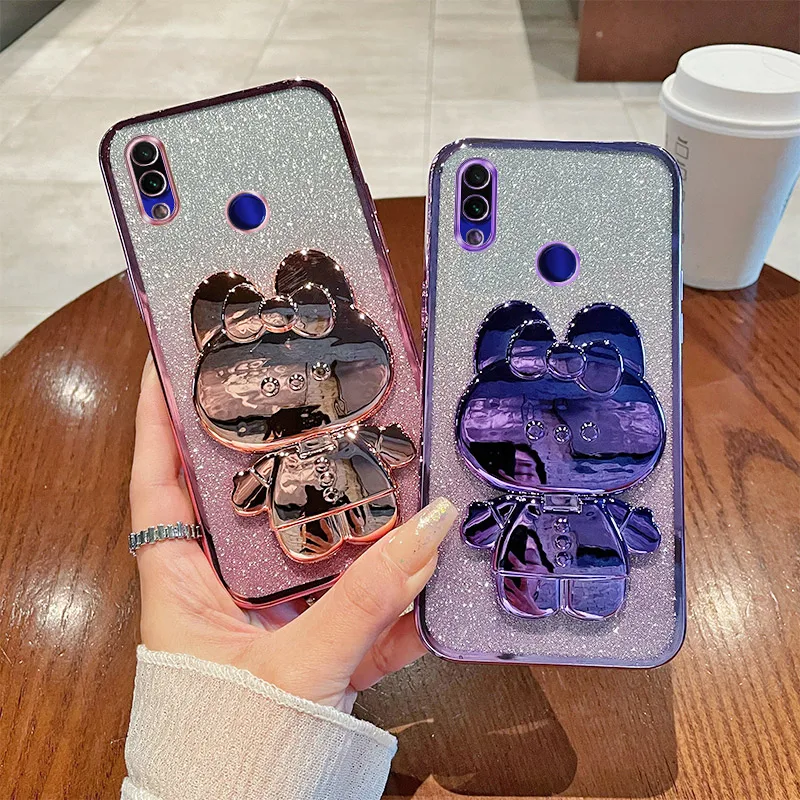 For Redmi Note 7 Luxury Gradient Glitter Makeup Mirror Rabbit Folding Stand Soft Silicone Back Cover Xiaomi Redmi Note 7