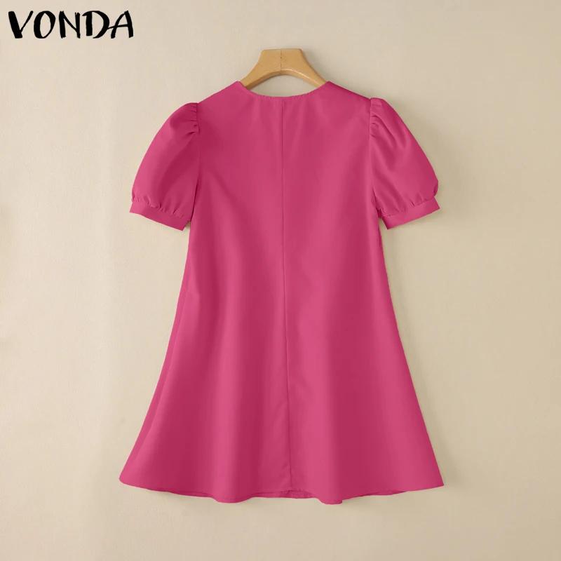 VONDA élégant Mini robes 2025 femmes été à manches courtes Robe d'été mode manches bouffantes évider décontracté solide Robe coréenne