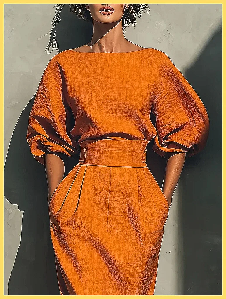 

Elegant High Waist A-Line Dress with Lantern Sleeves & Pockets, Casual Wrap Party Dress