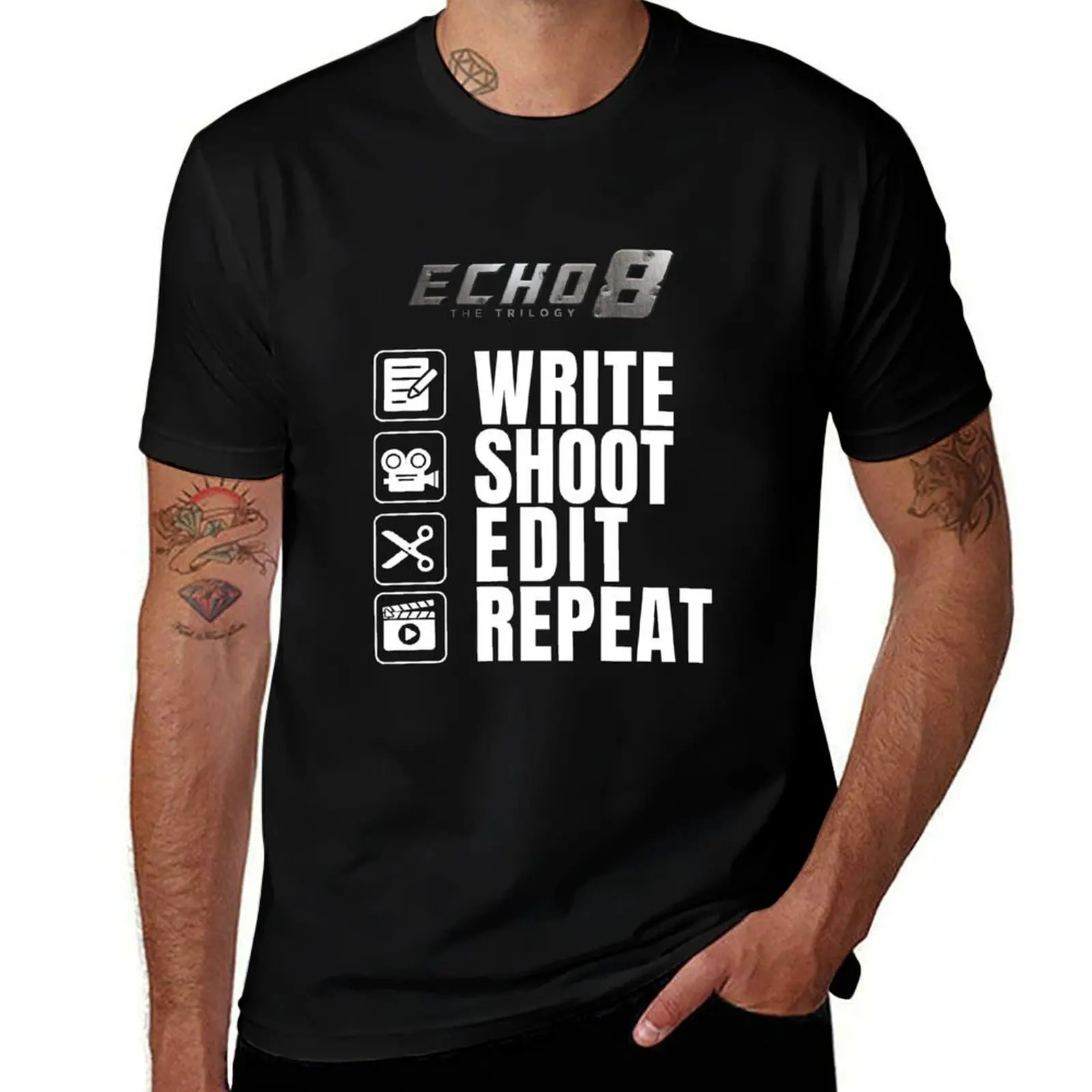 Write, Shoot, Edit, Repeat: Echo 8 Trilogy on Black T-Shirt Holiday Party for Men T-Shirt