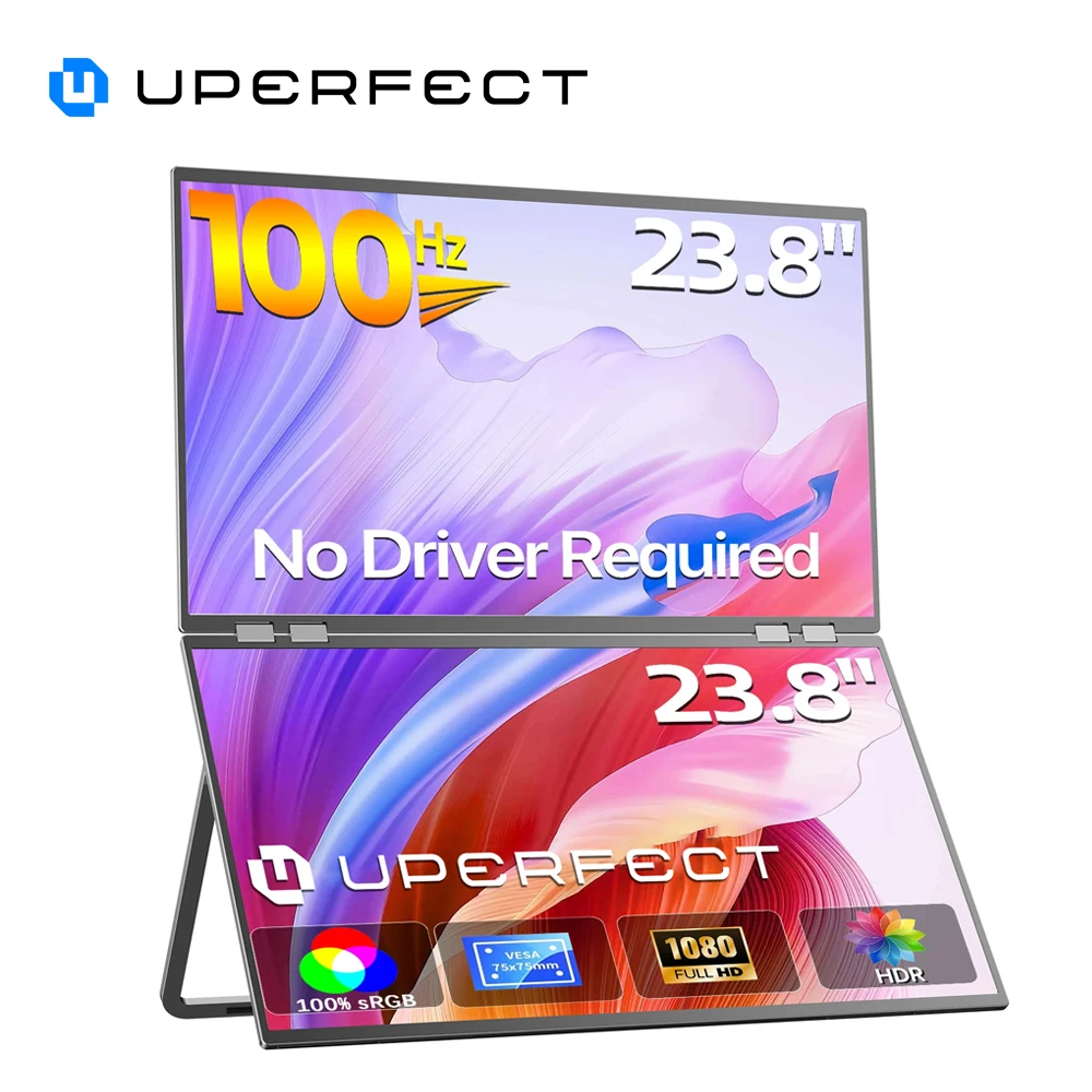 UPERFECT Delta Mega 23.8" 100Hz Dual Screen Stacked Computer Monitor With Speakers For Laptop Desktop PC MAC Phone Extended Play