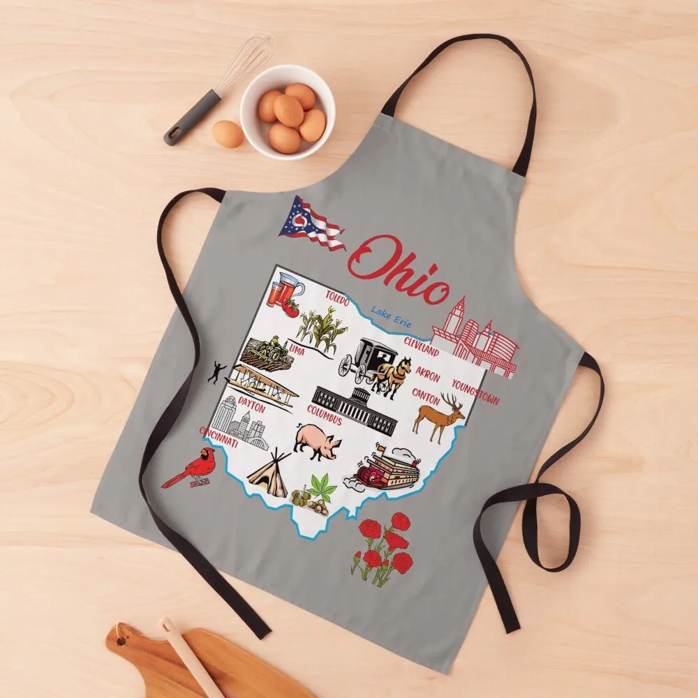 

Ohio tourist map with landmarks and famous symbols, USA, United States Apron Cooking Bib For Kitchen Nursing Apron