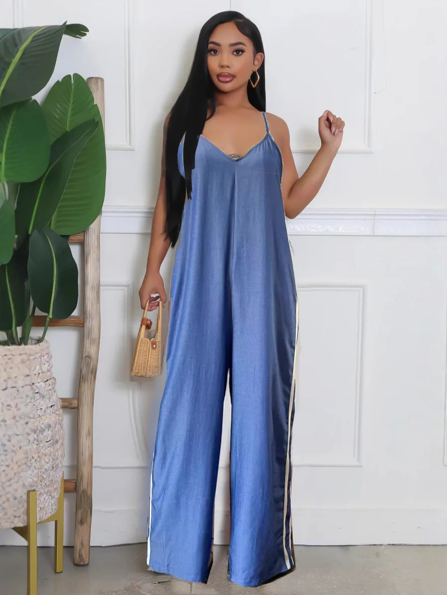 Lässiger Europäischer Jumpsuit mit Weitem Bein und Seitenstreifen Trendiger Jumpsuit aus Kunstdenim Hochgeschnittener Jumpsuit Ärmellose Weite Latzhose