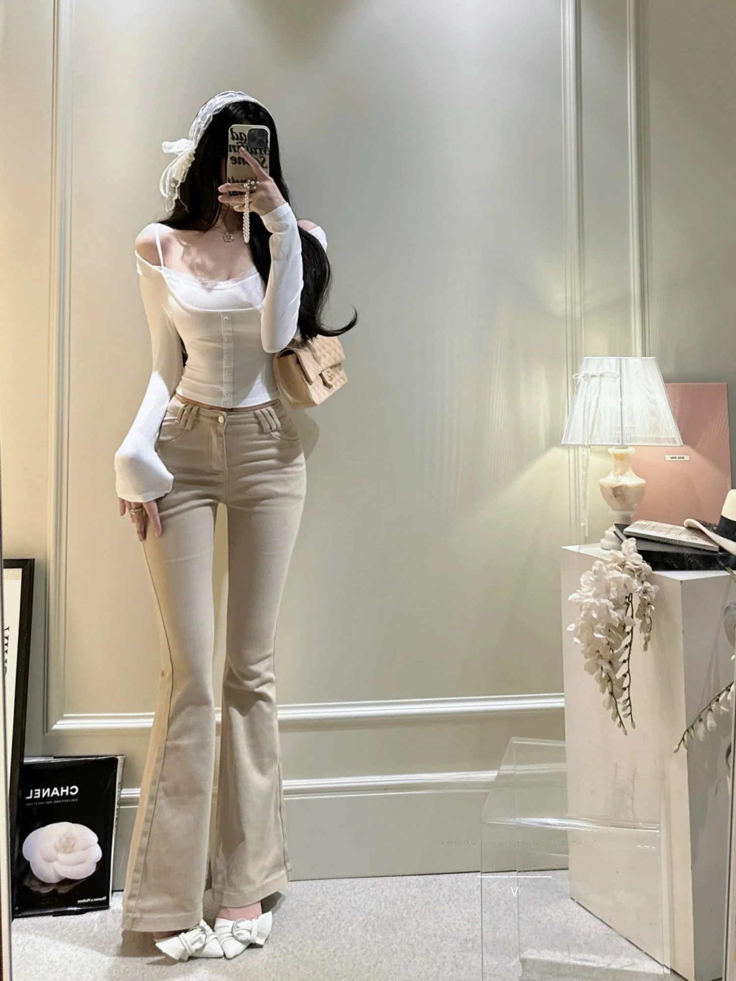 

Khaki Mid-Low Waist Bell Bot Jeans Women's Slimming Long Pants Cleanfit Sle Cotton Stretch Denim Ladies Faion Autumn 2025