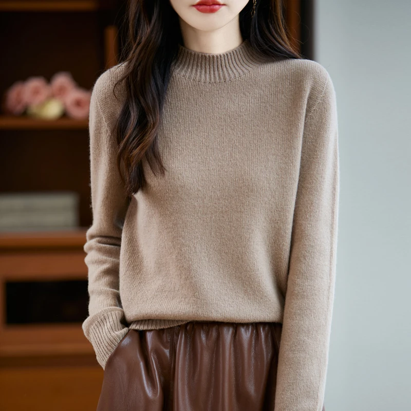 

Classic Women 100% Merino Wool Sweater Half High Neck Long Sleeve Pullover Autumn Winter Thick Warm Jumper Woman Top Clothes