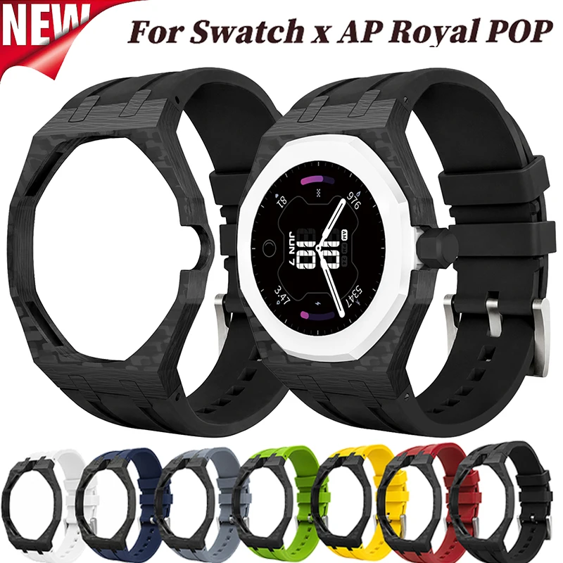 Carbon Fiber Case+Silicone Strap for Swatch x AP Royal POP Pocket Changer To Wristwatch Luxury Modification Kit Correa WatchBand