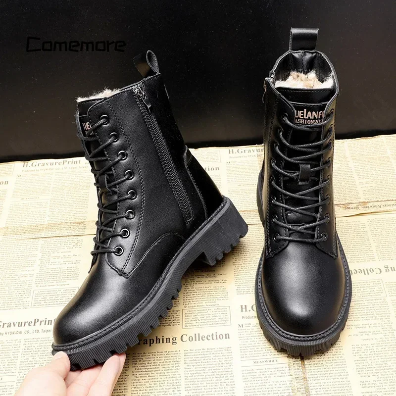 luxury Black Leather Boot Ankle Booties Plush Warm Platform Shoe Fashion British Style Botas Winter Furry Boots Women Shoes 40