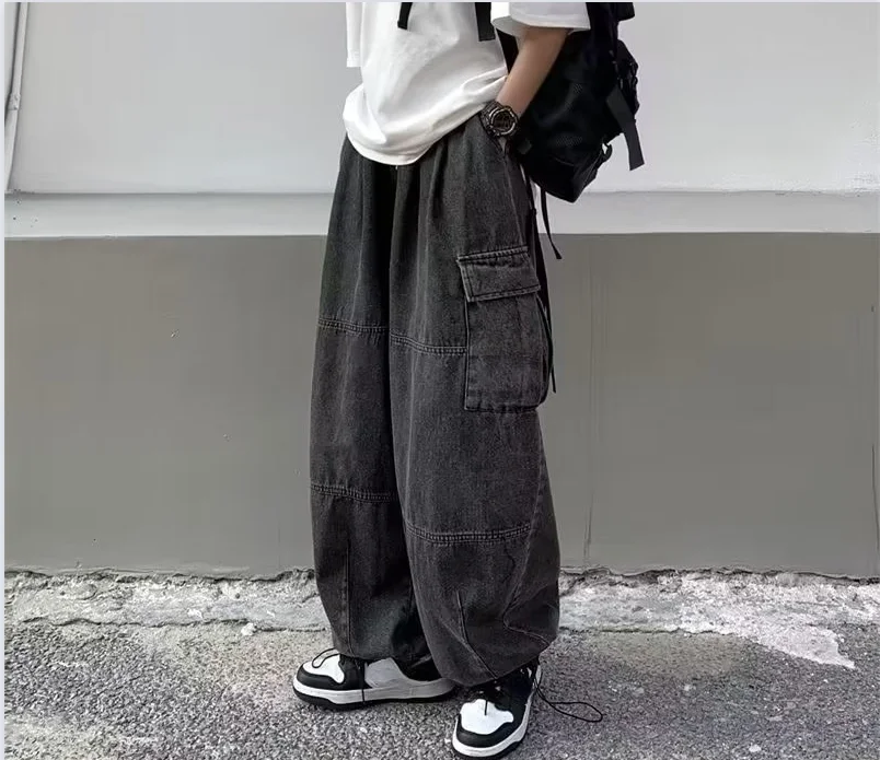 2024 Spring Autumn Men Baggy Jeans Men Wide Leg Pants Big Pockets Elastic Waist Streetwear Trousers Male Loose Denim Pants