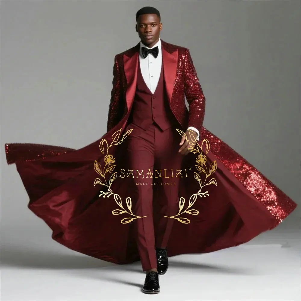 Burgundy Shiny Sequin Suits Men 3 Pieces Sets Single Breasted Groom Long Blazer Costume Homme Wedding Tuxedo Male Clothing