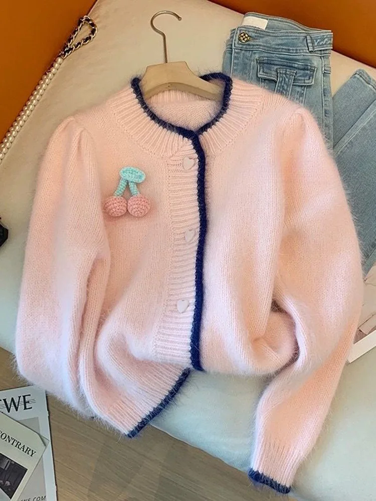 

Zoki 3D Cherry Sweet Pink Cardigan Sweaters Japan Casual Long Sleeve Knitted Coat Chic O Neck Preppy Style Elegant Tops Outwear