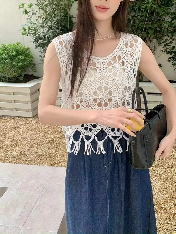 Boho Fringe Crochet Top Sleeveless Open-knit Vest Tops Summer Beach Cover Up Women Vacation Outfit