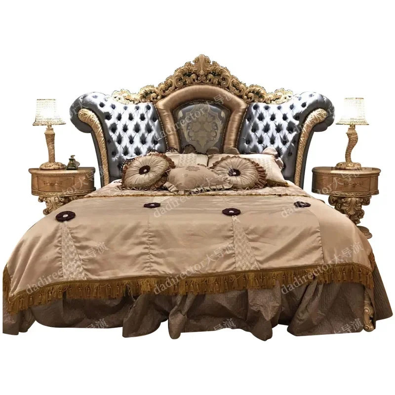 Cama tallada en madera, cama de matrimonio doble artesanal de tela de lujo francesa