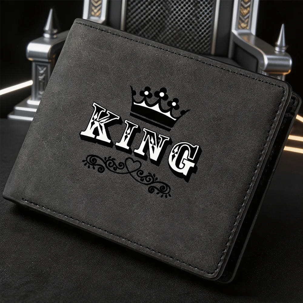 Men's Retro PU Leather Short Wallet with KINGS Crown Print Double-Fold Credit Card Storage Wallet