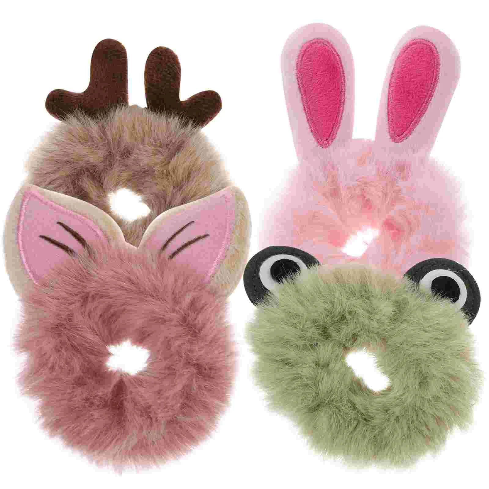 

4 Pcs Cartoon Hair Ties Fuzzy Scrunchies Cute Plush Elastic Ponytail Holders for Women Girls Kawaii Fluff Hair Tie Party School