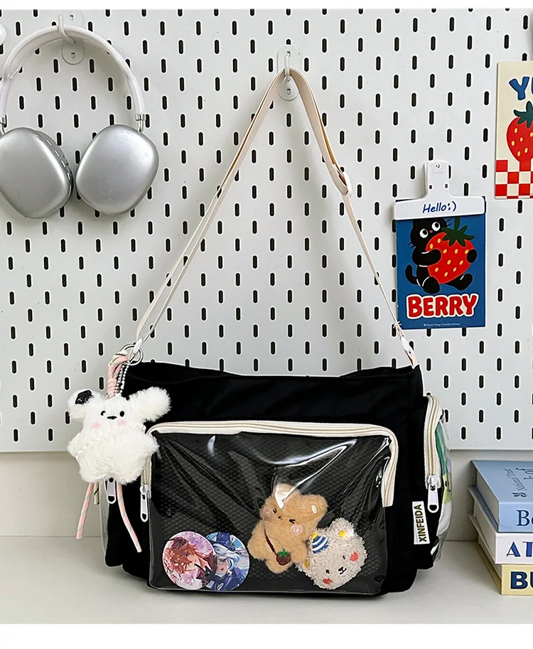 Canvas Ita Umhängetasche mit großem Sichtfenster, Schultertasche für Anime-Idol-Pins, Handtasche für Studenten, Schultasche, Messenger Bag – Detail 30