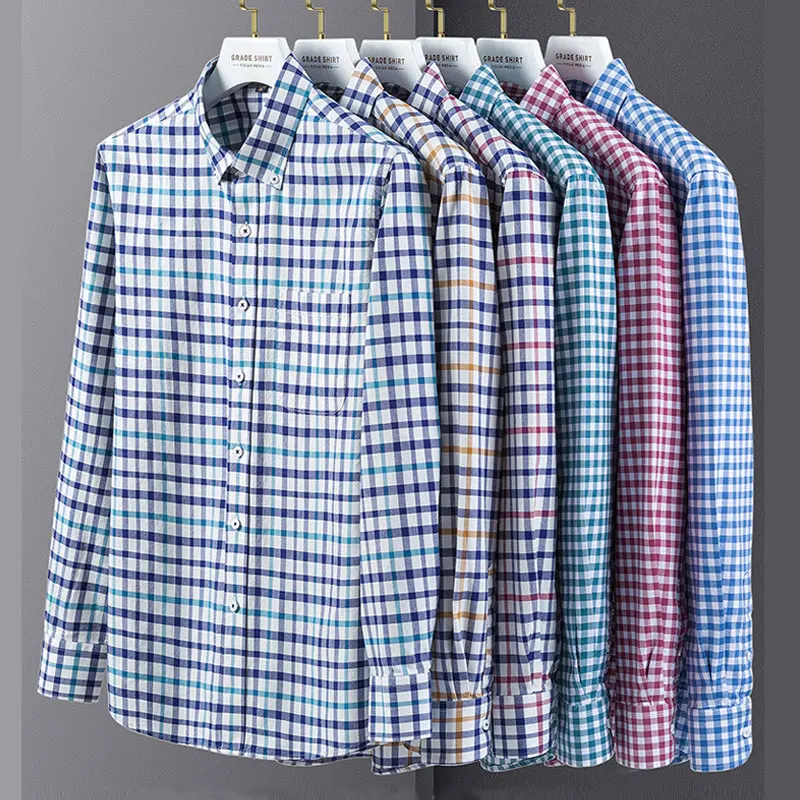 6XL 7XL large size men\'s spring and autumn 100% cotton long-sleeved shirt solid color striped plaid casual non-iron social