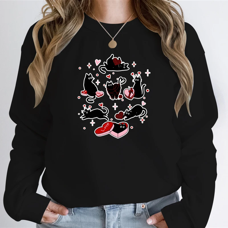 Sudadera de gato negro de San Valentín, regalo para amantes del gato negro, sudaderas con capucha informales de moda para mujer, sudaderas con estampado de corazón de amor y gatito de San Valentín