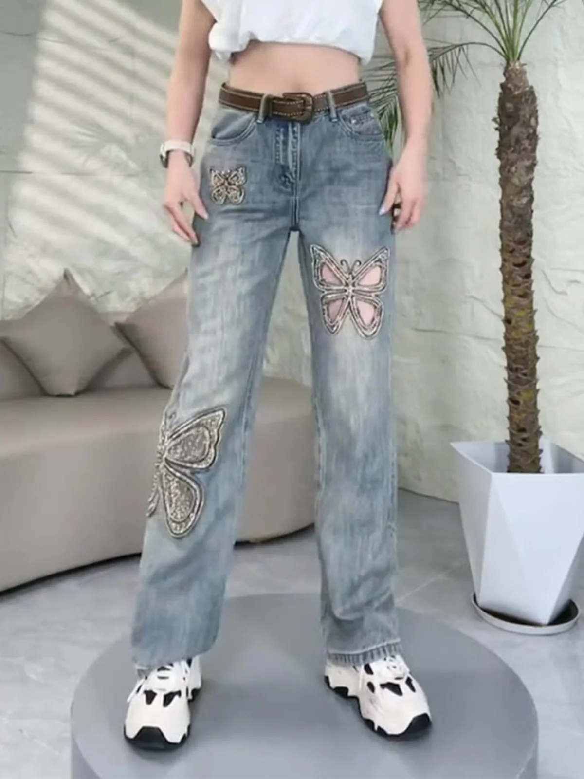 

Женские джинсы с высокой талией, утягивающие, весна-лето, с богатой отделкой, прямые, свободные, широкие штанины, длина в пол