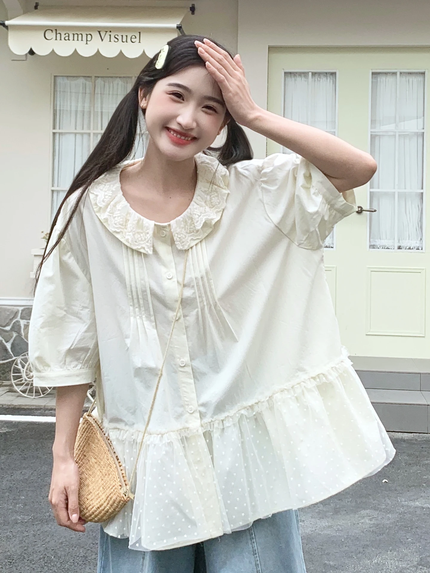 

Новая летняя женская рубашка с коротким рукавом, с цветочным кружевным подолом, в японском стиле, свободного кроя, из дышащей хлопково-полиэстеровой смеси