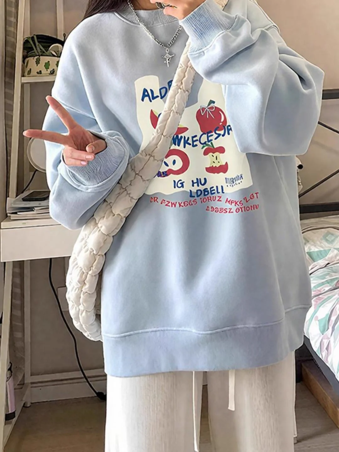 

Loose round Neck Sweatshirt Women's Early Autumn Blue Lazy Style Small Size Capless Design Trendy Korean Version Long Sleeve