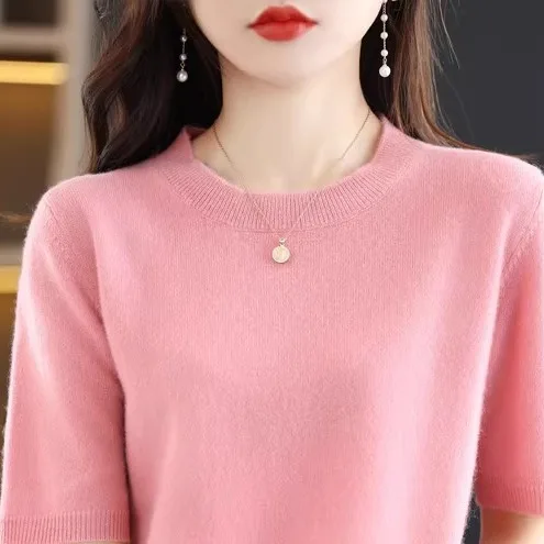 

Women's round Ne ort Sve Knitwear Summer Thin Loose Base Layer f Sve Sweater Commute Sle Korean Version