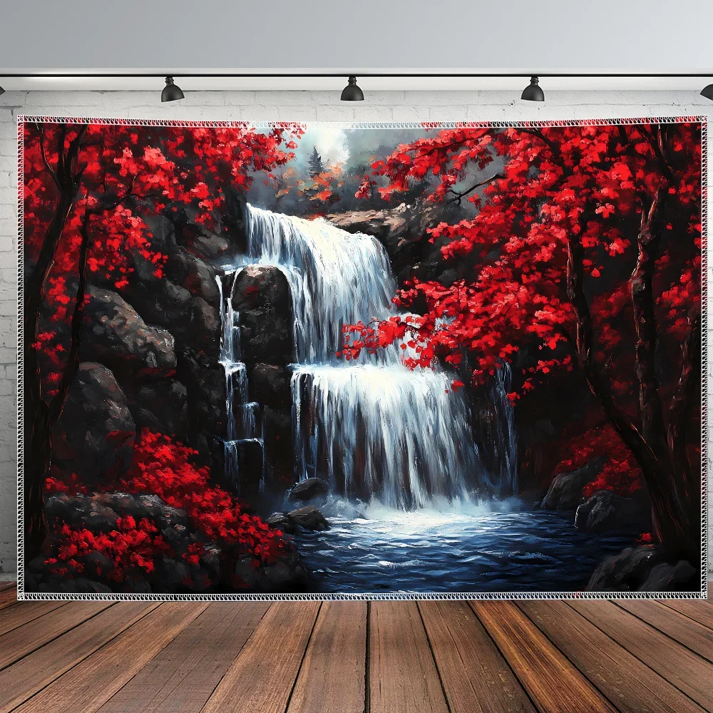 Dramatic Red Flower Waterfall Landscape Tapestry Mural Indoor Wall Decor Bohemian Aesthetic Bedroom Living Room Wallpaper
