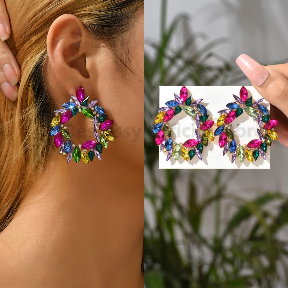 Colorful Series Shiny Rhinestone Big Stud Earrings For Women 2025 Trend Luxury Round Fashion Jewelry Girl Party Accessories Gift