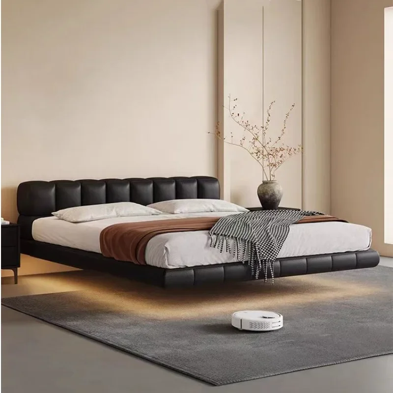 Puff plaid pixel leather bed Italian minimalist Internet celebrity creative design modern simple bedroom furniture suspended bed