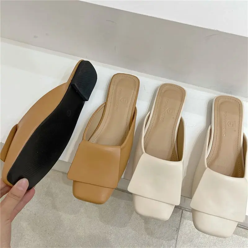 Woman Slippers Leather Shoes for Women 2023 Low Heel Sandals Rubber Summer Mules Slides Off White Job W Trend B Shoe New Fashion