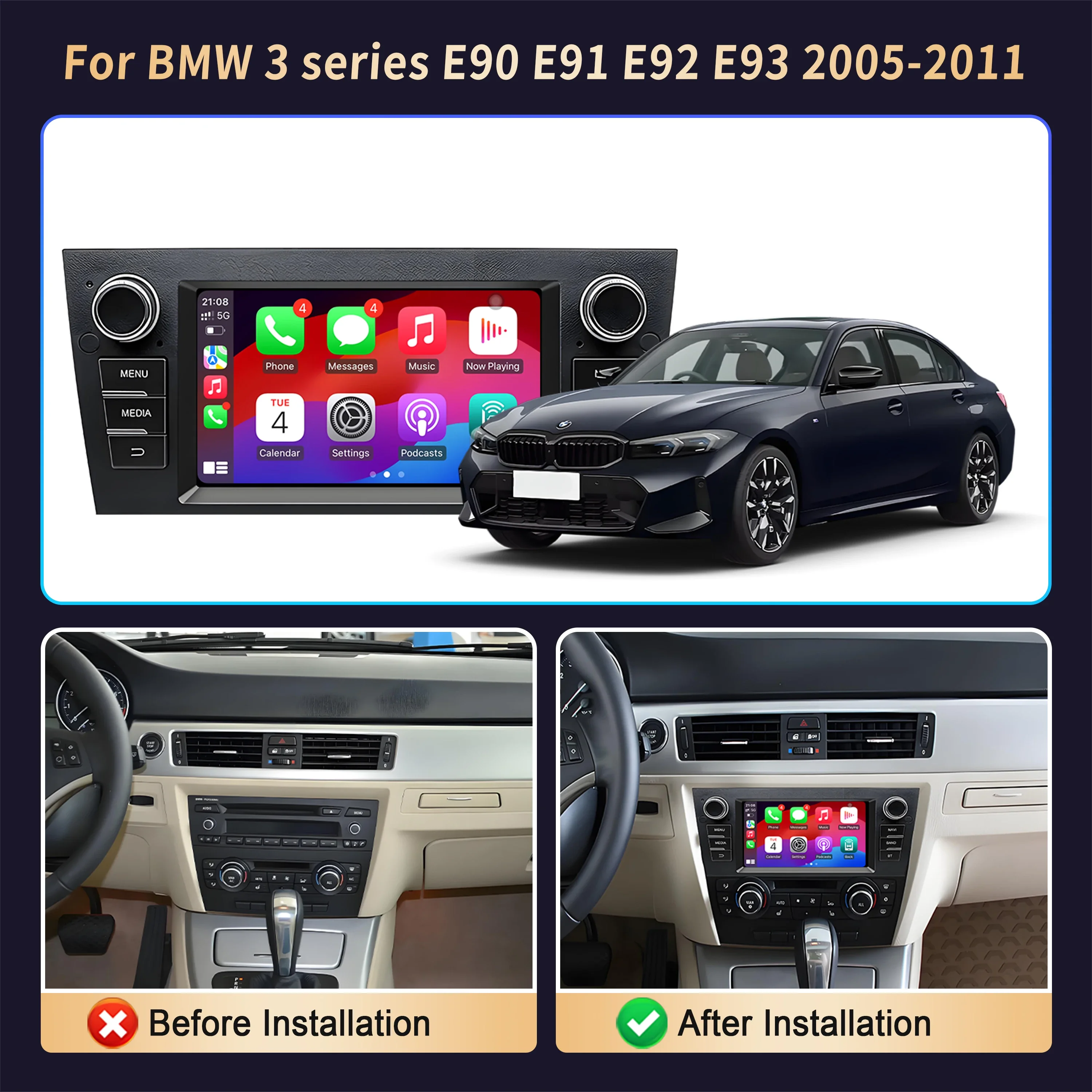 7 inch Car Radio For BMW 3 series E90 E91 E92 E93 2005 2006 2007 2008-2011  Multimedia Wireless CarPlay Head Unit Touch Screen