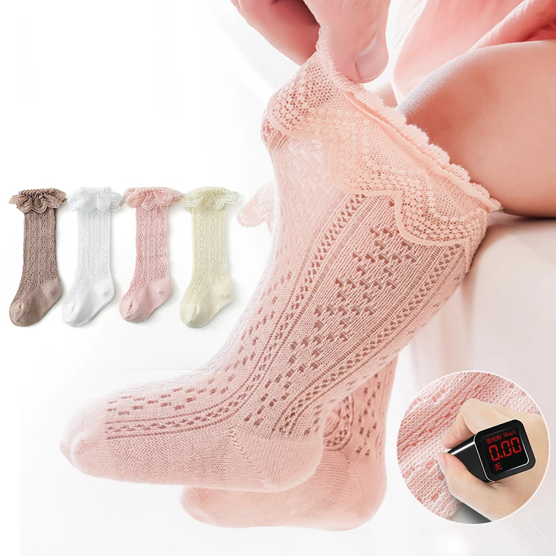 

Princess Ruffle Lace Socks Summer Hollow Mesh Calf Stockings 0-3year Kids High Tube Socks Thin Cotton Solid Color Girl Long Sock