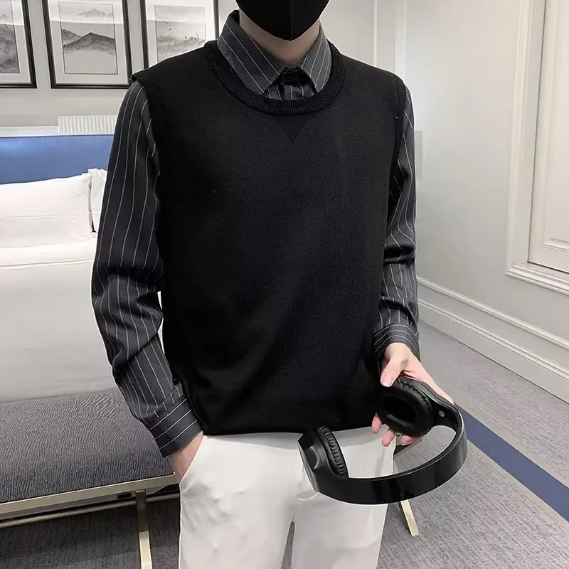 

Свободный мужской вязаный свитер однотонного цвета, модный, больших размеров, осенне-зимний, стильная одежда для полных мужчин, повседневная, удобная, из полиэстера.