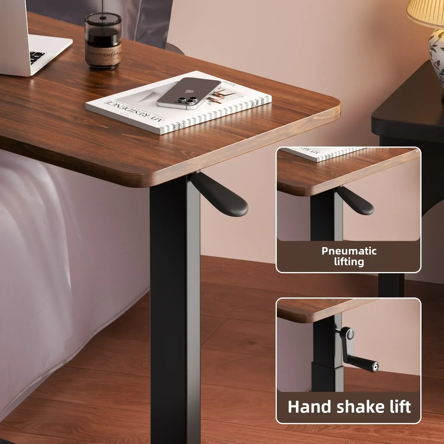 Multipurpose Adjustable Bedside Table with Pneumatic Lift, Foldable Desk for Renting Rooms and Mobile Use