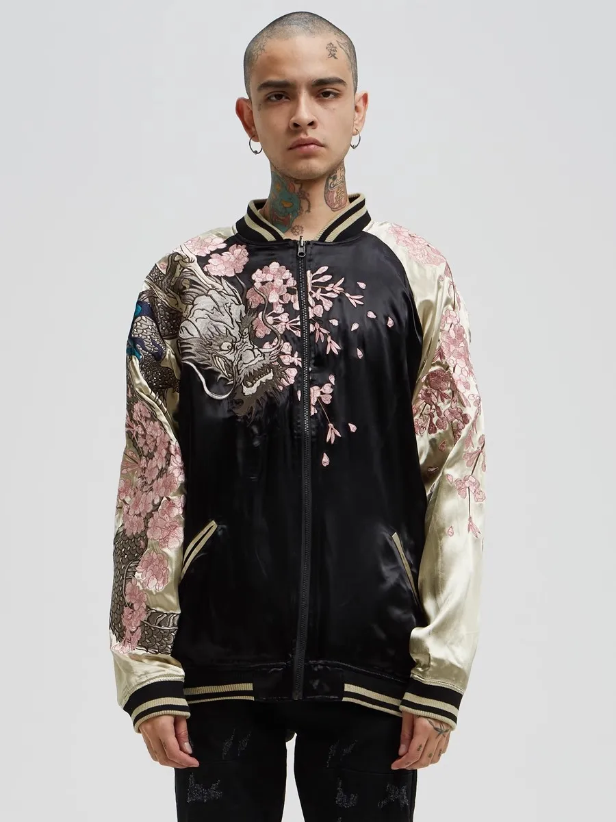 No Logo Reversible Double-sided Sukajan Souvenir Jacket Coats High Street Streetwear Yokosuka Sakura Dragon Embroidery