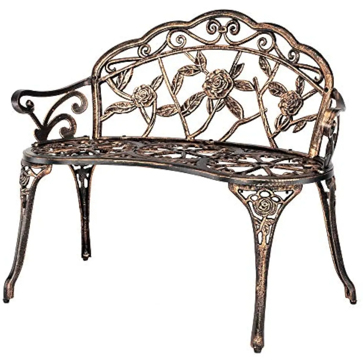 38.5 Inch Outdoor Antique-Style Cast Iron Bench with Aluminum Seat Panel and Backrest, Bronze Finish, Classic Floral Motif Desig